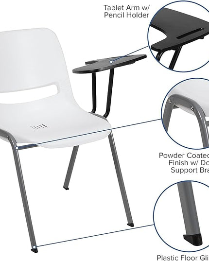 Flash Furniture White Ergonomic Shell Chair with Left Handed Flip-Up Tablet Arm - LeafyLoom