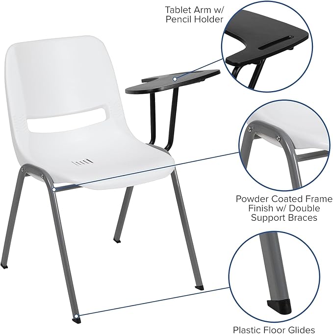 Flash Furniture White Ergonomic Shell Chair with Left Handed Flip-Up Tablet Arm - LeafyLoom
