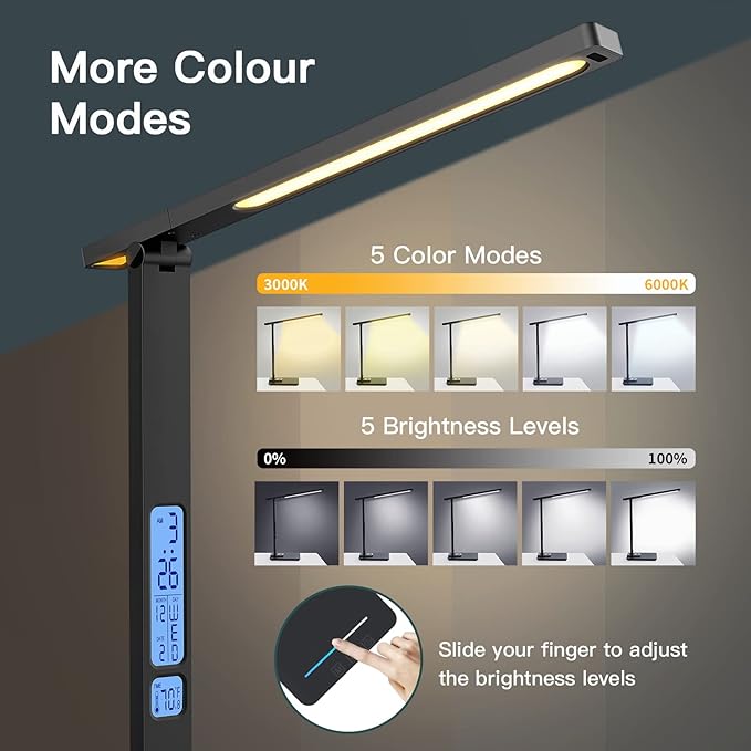 LED Desk Lamp with Wireless Charger, USB Charging Port, Sliding Dimmable Auto Timer Table Lamp with Night Light, Desk Lights with Clock for Study Reading Home Office - LeafyLoom