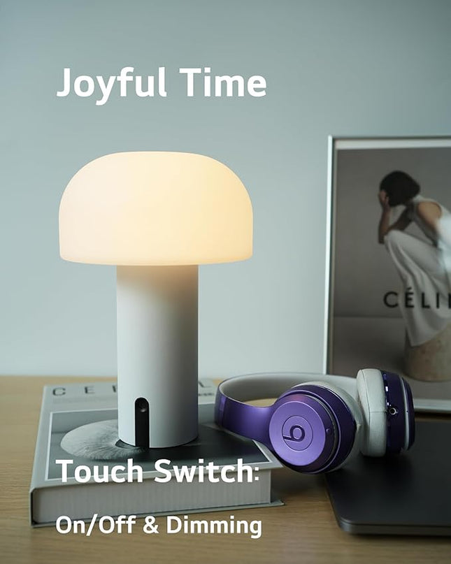 Outdoor Mushroom Table Lamp Rechargeable, Cordless Lamps for Patio Waterproof, Portable Battery Operated Lamp with USB Charging, Touch Dimming Night Light for Home/Porch/Restaurant (White) - LeafyLoom