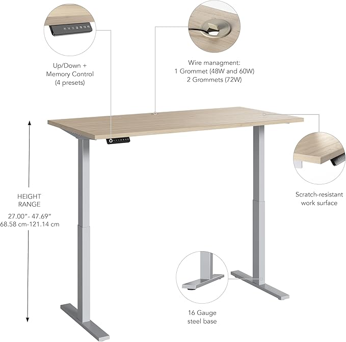 Bush Business Furniture Move 60 Series 60W x 30D Electric in Natural Elm with Silver Base, Ergonomic Sit-Stand Computer Table for Home and Professional Office - LeafyLoom