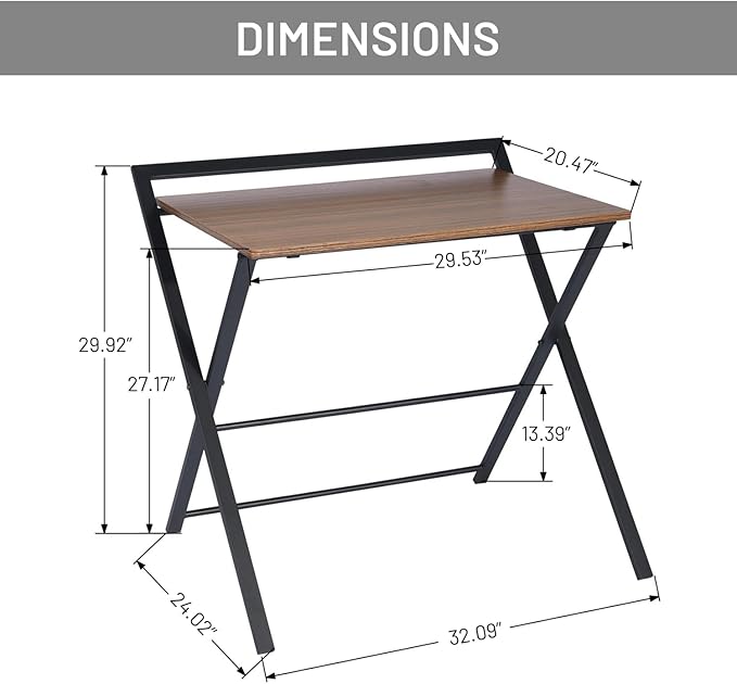 Folding Desk, Foldable Table Space Saving Computer Sturdy Writing Table Workstation for Home Office with Metal Frames/Wood Top Laptop, No Assembly Required, Brown - LeafyLoom