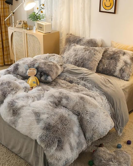 Faux Fur Kids Girls TD Black Comforter Sets King - 3PC Bed Set Warm Comfortable Soft Plush Flannel Velvet Fluffy Fuzzy Bedding（Comforter x 1 Pillowcases x 2） - LeafyLoom