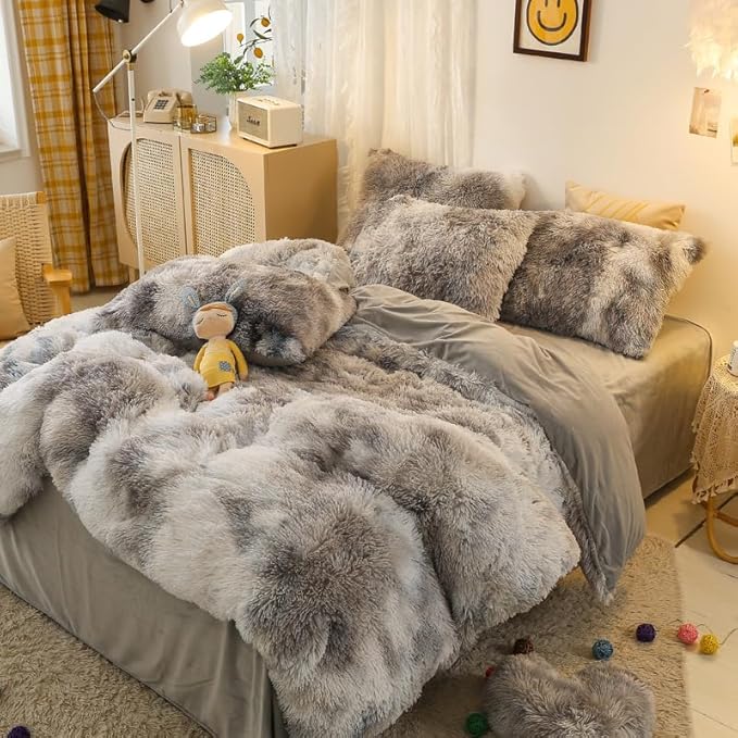 Faux Fur Kids Girls TD Black Comforter Sets King - 3PC Bed Set Warm Comfortable Soft Plush Flannel Velvet Fluffy Fuzzy Bedding（Comforter x 1 Pillowcases x 2） - LeafyLoom