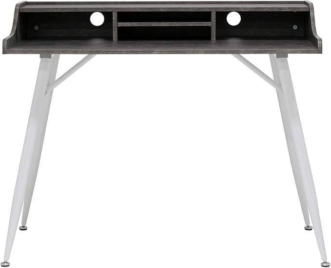 Calico Designs Woodford 45” Wide Modern, Secretary, Writing, Desk with Low Storage Hutch and Whtie Metal Tapered Legs in Marbled Dark Grey, White - LeafyLoom