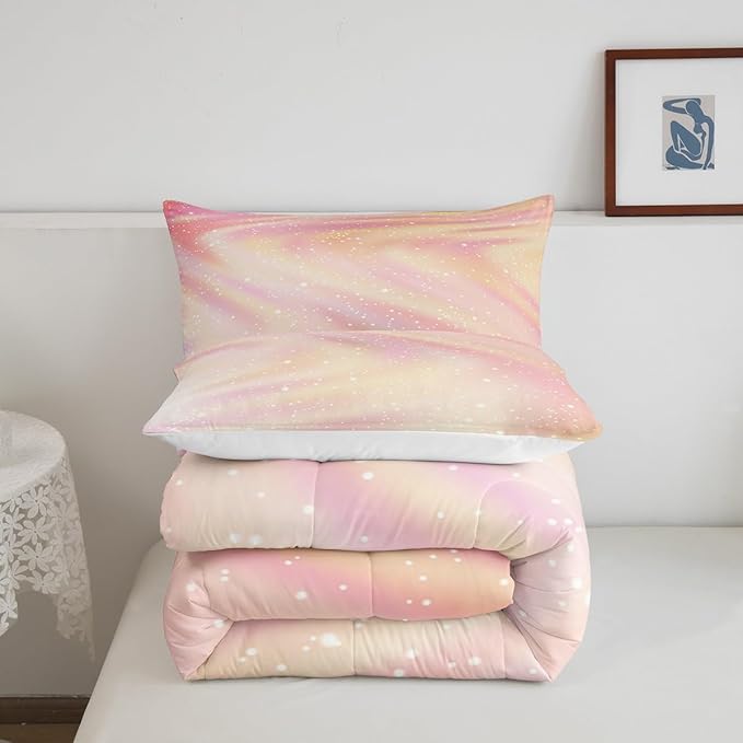 Glitter Galaxy Bedding Comforter Sets for Kids Teenagers, Pastel Galaxy Space Bedding Rainbow Tie Dye Comforter Set for Boys Girls, Starry Sky Gradient Down Comforter with 2 Pillowcases, Queen - LeafyLoom