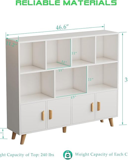 Cubby Shelf Bookcase with Doors - Wooden 11 Cube Floor Standing Open Bookshelf with Solid Wood Legs, 3-Tier Storage Cabinet, Warm White - LeafyLoom
