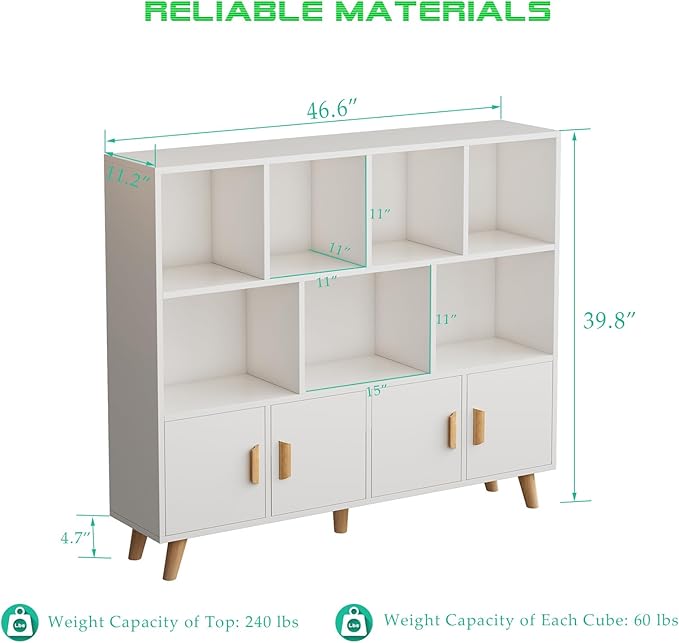 Cubby Shelf Bookcase with Doors - Wooden 11 Cube Floor Standing Open Bookshelf with Solid Wood Legs, 3-Tier Storage Cabinet, Warm White - LeafyLoom