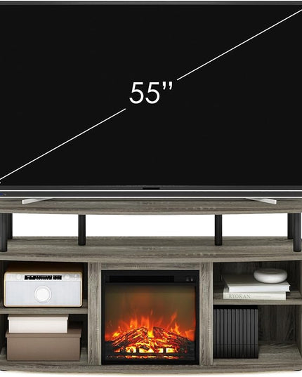 Furinno Jensen Open Shelving Storage Fireplace TV Entertainment Center for TV up to 55 Inch, French Oak Grey/Black - LeafyLoom