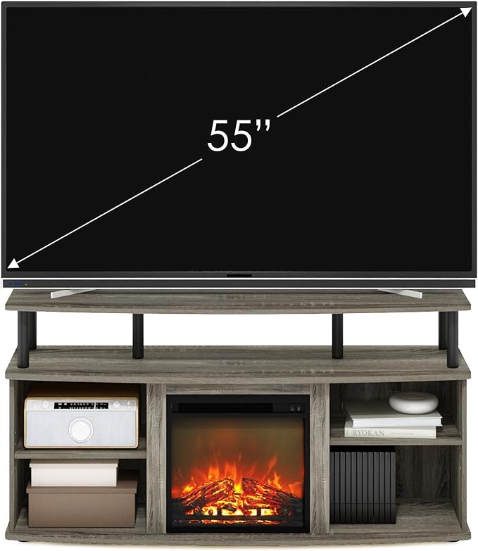 Furinno Jensen Open Shelving Storage Fireplace TV Entertainment Center for TV up to 55 Inch, French Oak Grey/Black - LeafyLoom