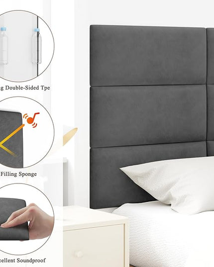 Queen Headboard, Wall Mounted Peel and Stick Headboard, Upholstered Leather Bed Headboard for Queen Size Bed, Floating Dorm Bedroom Tall Headboard Soundproof Wall Panels (9 Panels, 10"x24") - LeafyLoom