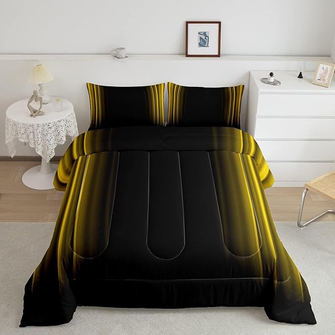 Geometric Abstract Ombre Bedding Bed Set Men Adults Teens Yellow Black Striped Comforter Set Kids Boys Girls Simple Modern Comforter Collection 3Pcs King Size Boys - LeafyLoom