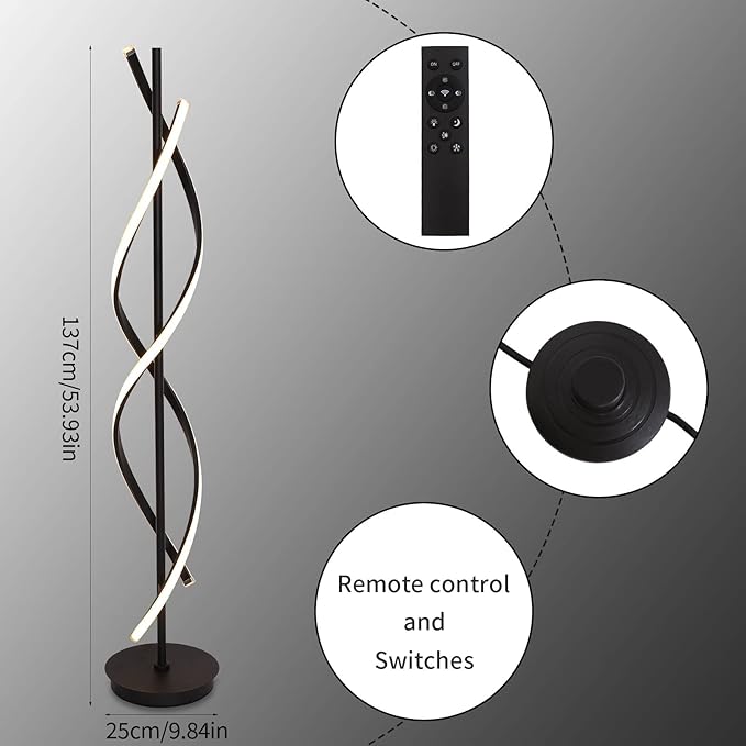 Modern Floor Lamps for Living Room Bright Lighting LED 33w 53in with Remote 3 Colors Dimmable Unique Office Corner Lamp Black Arc Spiral Floor Lamp - LeafyLoom