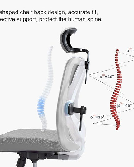 SIHOO M18 Ergonomic Office Chair for Big and Tall People Adjustable Headrest with 2D Armrest Lumbar Support and PU Wheels Swivel Tilt Function Grey - LeafyLoom