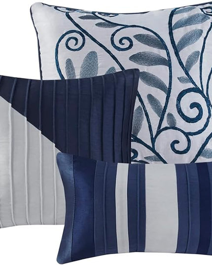 Madison Park Amherst Faux Silk Comforter Set-Casual Contemporary Design All Season Down Alternative Bedding, Matching Shams, Bedskirt, Decorative Pillows, King(104"x92"), Navy, 7 Piece (MP10-2208) - LeafyLoom