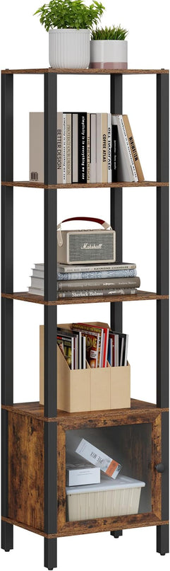 TUTOTAK 5 Tier Bookcase and Bookshelf, Narrow Book shelf with Door for Small Space, for Living Room, Office, Study, Entryway, Brown BS03BB005 - LeafyLoom