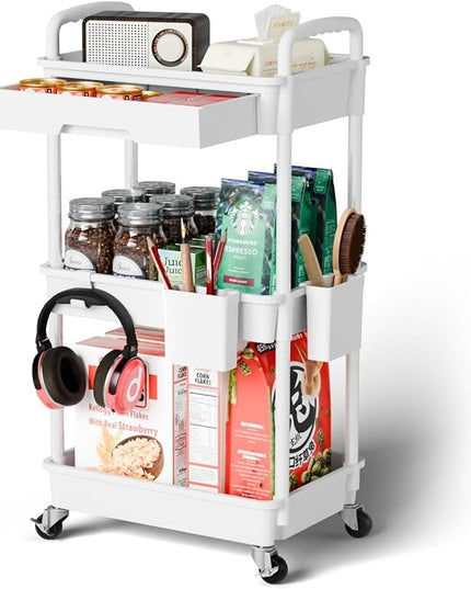 3 Tier Small Rolling Cart Organizer,Laundry Room Bathroom Organizers and Storage Office Shelves Mobile Shelving Unit Kitchen Trolley Cart with Wheels for Art,Craft,Diaper,Bedside,Snack(White) - LeafyLoom