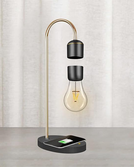 Levitating Light Bulb Lamp with Wireless Charging Pad (Apple/Android) Magnetic Levitation Floating Table Lamp Gold with Replacement Bulb for Home Office Christmas Gift Bedroom Decoration - LeafyLoom