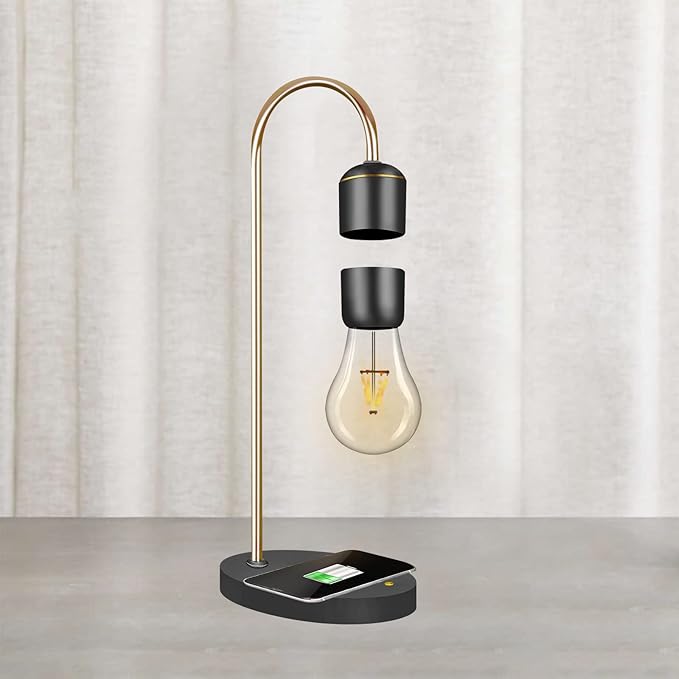 Levitating Light Bulb Lamp with Wireless Charging Pad (Apple/Android) Magnetic Levitation Floating Table Lamp Gold with Replacement Bulb for Home Office Christmas Gift Bedroom Decoration - LeafyLoom