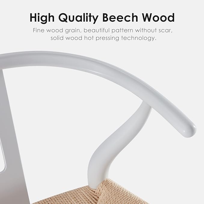 Farini Rattan Chairs for Dining Room Wishbone Chair Solid Wood Armchairs Y Shaped Backrest Hemp Seat for Home Restaurant Fully-Assembled(Set of 2,White-Beige Seat) - LeafyLoom