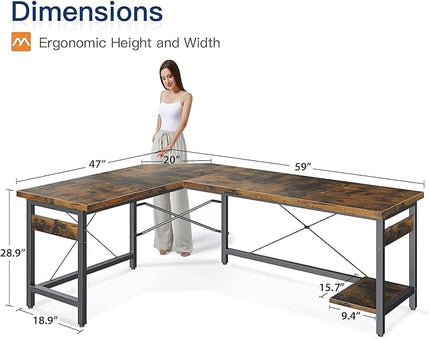 Coleshome 59" L Shaped Gaming Desk, Corner Computer Sturdy Home Office Table, Writing Larger Workstation, Vintage - LeafyLoom