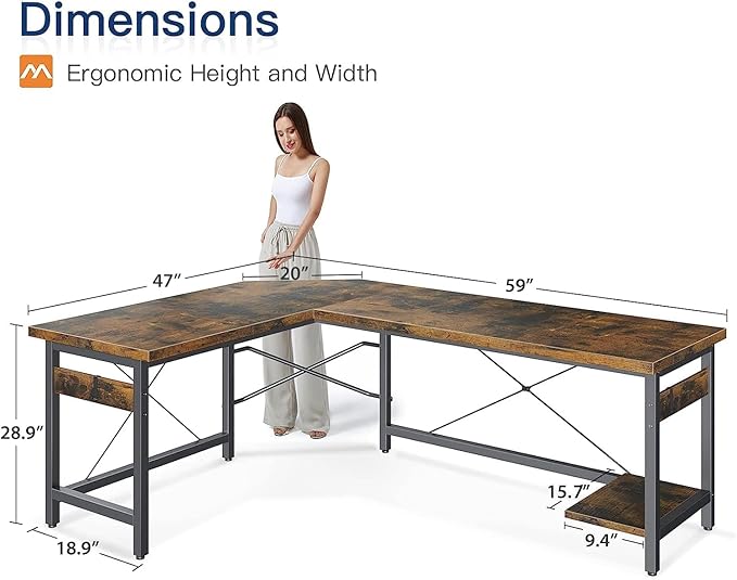 Coleshome 59" L Shaped Gaming Desk, Corner Computer Sturdy Home Office Table, Writing Larger Workstation, Vintage - LeafyLoom