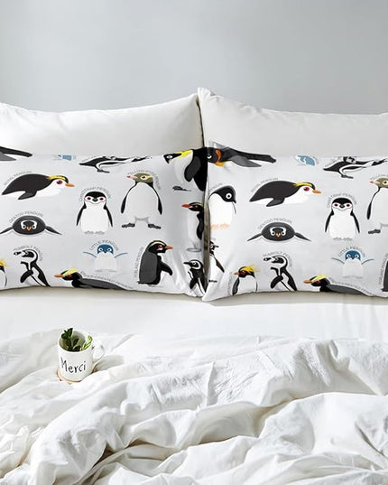 Erosebridal Penguin Comforter Set King Size,Black White Penguins Bedding Set Cute Animal Down Comforter for Kids Boys Girls Teens,Wildlife Grey Bedding Quilted Sets with 2 Pillow Cases Bedroom Decor - LeafyLoom