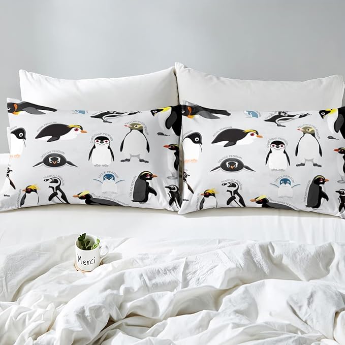 Erosebridal Penguin Comforter Set King Size,Black White Penguins Bedding Set Cute Animal Down Comforter for Kids Boys Girls Teens,Wildlife Grey Bedding Quilted Sets with 2 Pillow Cases Bedroom Decor - LeafyLoom