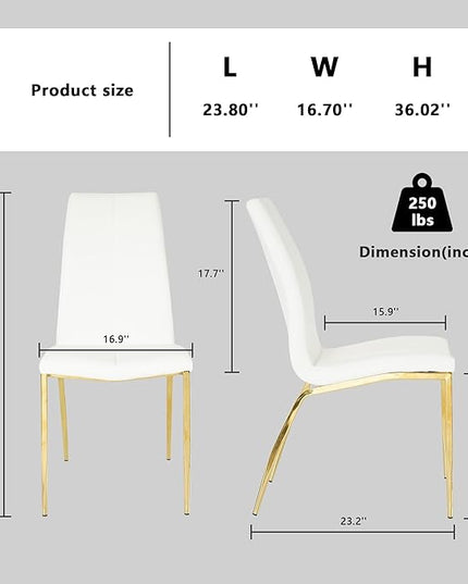 Modern Faux Leather Dining Chairs Set of 4, Padded Seat Dining Side Chairs, Upholstered Chair with Metal Legs for Kitchen, Living Room, Dining Room, White Chairs+Gold Legs - LeafyLoom