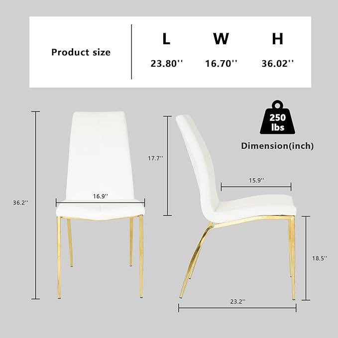 Modern Faux Leather Dining Chairs Set of 4, Padded Seat Dining Side Chairs, Upholstered Chair with Metal Legs for Kitchen, Living Room, Dining Room, White Chairs+Gold Legs - LeafyLoom