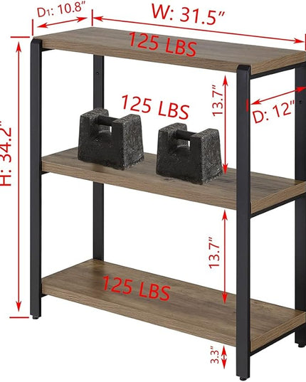 FOLUBAN 3 Tier Bookshelf, Industrial Bookcase and Book Shelves for Bedroom, Rustic Wood and Metal Book Case for Office, Oak - LeafyLoom