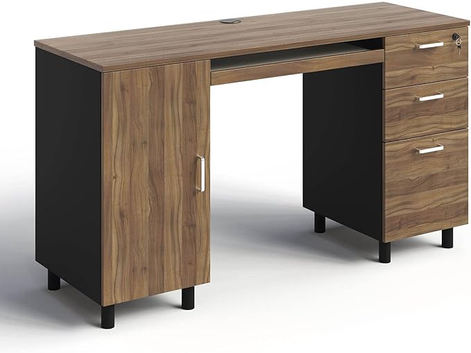 Modern Design By Crafts & comfort Venice Computer Desk - Office Desk with 3 Drawers & CPU Storage Cabinet - Laptop Workstation with Keyboard Tray & Cable Hole - Home & Office Supplies -Cass/black - LeafyLoom