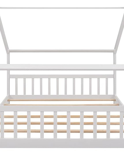 Bellemave Full Montessori Floor Bed Frame, White, Modern Style, No Box Spring Needed, Headboard Included, 275lb Weight Capacity - LeafyLoom