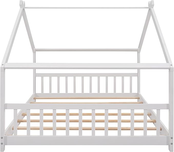 Bellemave Full Montessori Floor Bed Frame, White, Modern Style, No Box Spring Needed, Headboard Included, 275lb Weight Capacity - LeafyLoom