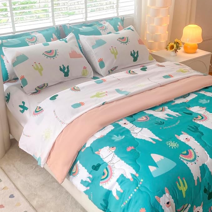 Wajade Kids Llama Comforter Set Bed in A Bag Queen Size 7 Piece Cute Alpaca Tropical Plant Cactus Bedding Set for Girls Boys (1 Comforter, 1 Flat Sheet, 1 Fitted Sheet, 2 Pillowcase and 2 Pillow Sham) - LeafyLoom