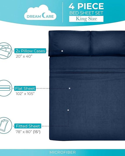 DREAMCARE King Size Sheets Set - Cooling Bed Sheets - 4pcs Set - up to 15" Deep Pocket King Sheet Set – Soft & Long Lasting Cooling - 100% Fine Brushed Polyester with Side Pocket - Navy Blue - LeafyLoom
