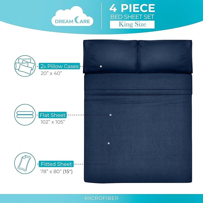 DREAMCARE King Size Sheets Set - Cooling Bed Sheets - 4pcs Set - up to 15" Deep Pocket King Sheet Set – Soft & Long Lasting Cooling - 100% Fine Brushed Polyester with Side Pocket - Navy Blue - LeafyLoom