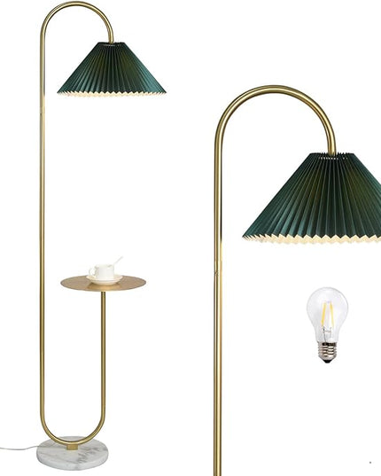 Modern Elegant with Tray Floor Lamp for Office Cafe Den Living Room Bedroom, Foot Switch and Brass/Gold Finish,Dark Green Pleated Cloth Lampshade - LeafyLoom