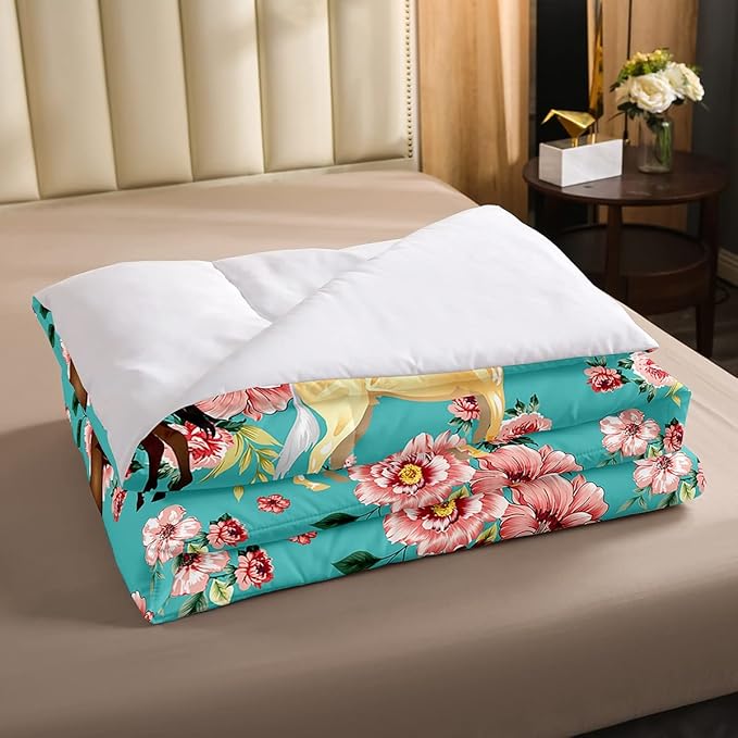 Kids Horse Bedding Set Chic Retro Floral Bedding Comforter Set for Girls Teens Galloping Horse Printed Comforter 3D Wild Farm Animal Duvet Set Bedroom Decor Quilt Set 2Pcs Twin Size, Green Pink - LeafyLoom