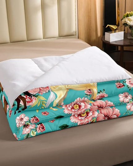 Horse Bedding Set Queen Chic Retro Blossom Comforter Set For Kids Girls Teens Galloping Horse Comforter Romantic Aesthetic Style 3D Wild Farm Animal Duvet Set Bedroom Decor Quilt Set, Green Pink - LeafyLoom