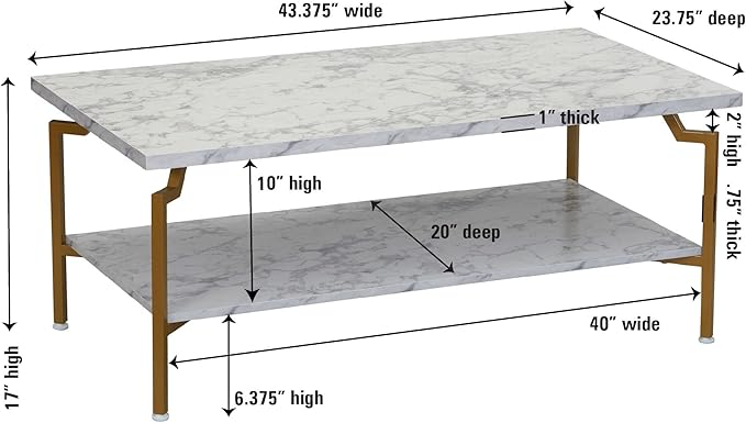 Household Essentials Crown Rectangular Coffee Table with Storage Shelf White Marble and Gold Metal - LeafyLoom