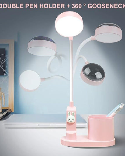 Pink Kids Desk Lamp with Pen holder, Rabbit cute LED Desk/Table Lamp with Dimmable Natrue Light, USB rechargeable and Funny projector, Small Bedside lamp, LED lamp for girls Bedrooms - LeafyLoom