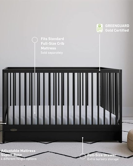 Graco Teddi 5-in-1 Convertible Crib with Drawer (Black) – GREENGUARD Gold Certified, Crib with Drawer Combo, Full-Size Nursery Storage Drawer, Converts to Toddler Bed, Daybed and Full-Size Bed - LeafyLoom