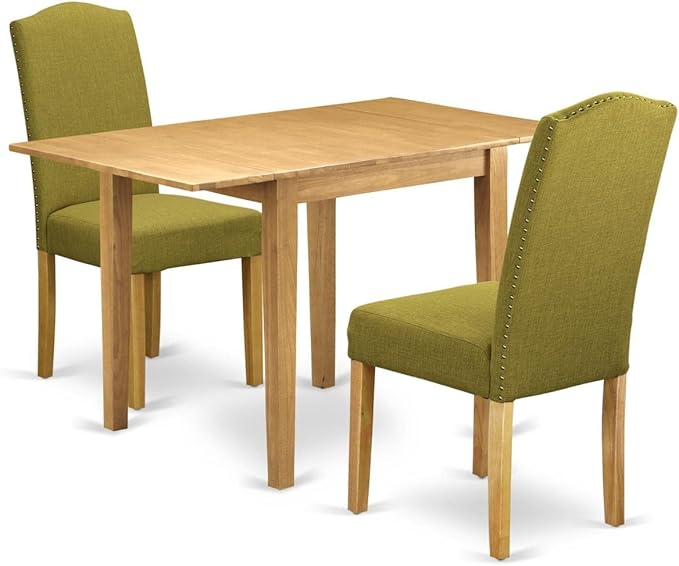 East West Furniture Norden 3 Piece Room Set Contains a Rectangle Dining Table with Dropleaf and 2 Linen Fabric Parson Kitchen Chairs, 30x48 Inch, NDEN3-OAK-08 - LeafyLoom