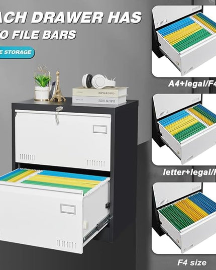 2 Drawer Metal Lateral Lock and Card Holder,Office Vertical Files Storage Cabinets w/Heavy 3 Section Slide Rail & Breathable Holes,for Legal/Letter/A4,Black+White - LeafyLoom