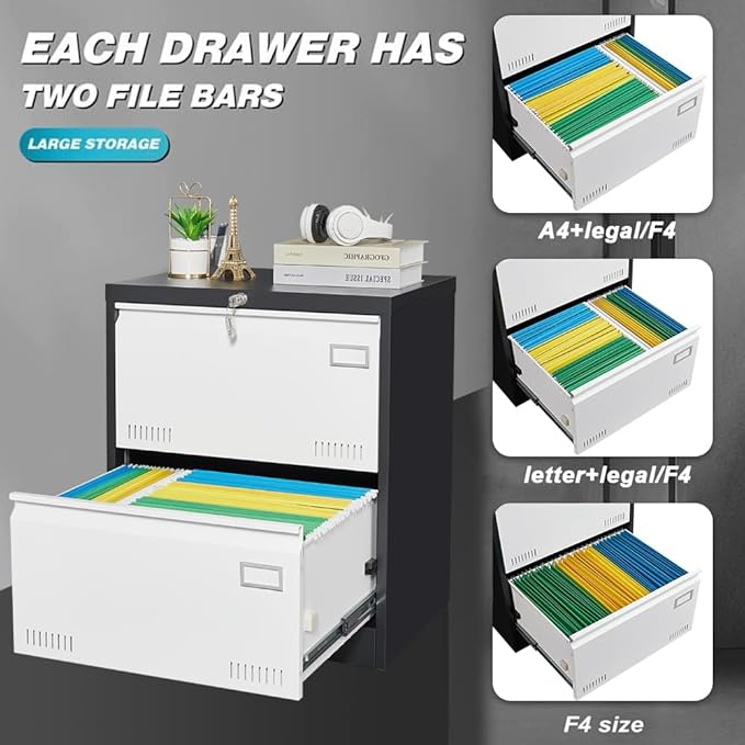 2 Drawer Metal Lateral Lock and Card Holder,Office Vertical Files Storage Cabinets w/Heavy 3 Section Slide Rail & Breathable Holes,for Legal/Letter/A4,Black+White - LeafyLoom