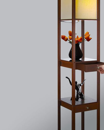 Brightech Maxwell Drawer Edition - Modern Shelf Floor Lamp with Drawer - Corner Display Floor Lamps with Shelves for Living Room, Bedroom and Office - Havana Brown - LeafyLoom