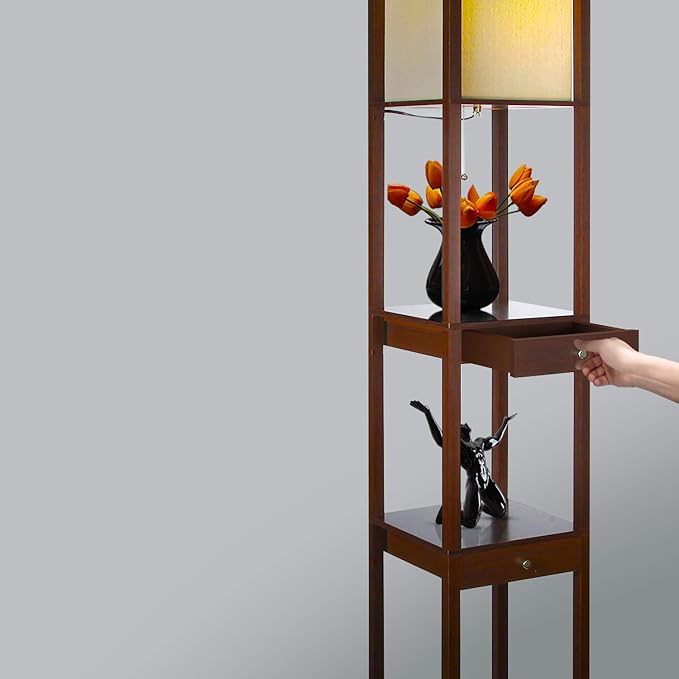 Brightech Maxwell Drawer Edition - Modern Shelf Floor Lamp with Drawer - Corner Display Floor Lamps with Shelves for Living Room, Bedroom and Office - Havana Brown - LeafyLoom