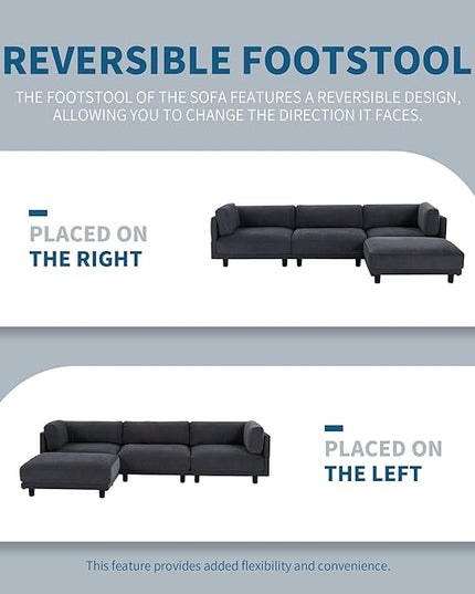 Convertible L-Shaped Sofa with Reversible Chaise, Ottoman & 2 Pillows, Oversized 4 Seat Upholstered Modular Sectional Couch Set w/Extra Deep Seats for Living Room Furniture, Apartment, Office - LeafyLoom