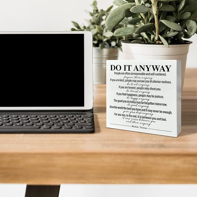 Home Office Desk Wooden Box Sign Decor, Do It Anyway, Inspirational Quotes Desk Decor Motivational Desk Decorations for Women Men Student Therapist Office Classroom School Counselor - LeafyLoom